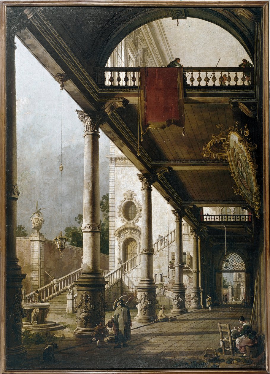Capriccio med søylegang og gårdsplass (olje på lerret av Canaletto