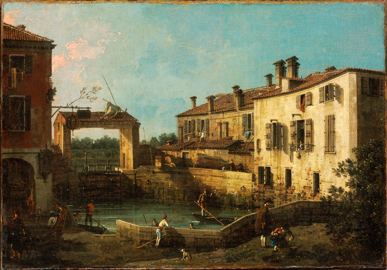 "" Ecluse pres de Dolo, Venezia "" (Lås nær Dolo, Venezia) Peinture de Giovanni Antonio Canal dit Canaletto (1697-1768) 1776 Dim 30,5x44,5 cm Szepmuveszeti Muzeum, Budapest av Canaletto