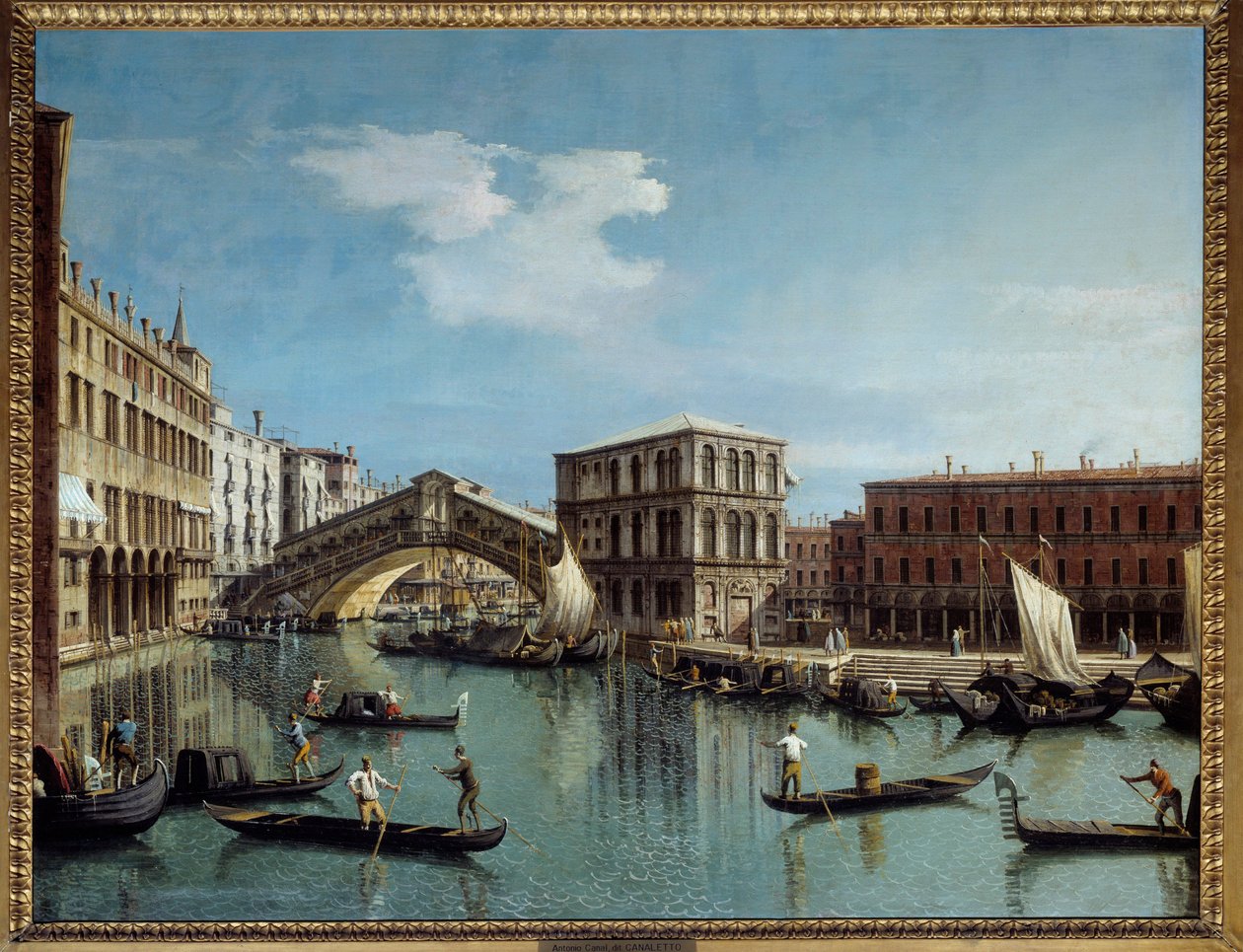 Le pont du Rialto et Venezia-maleri av Antonio Canal Dit Il Canaletto (1697-1768) 1700-tallet Søn. 1,19x1,54 m - Rialtobroen i Venezia. Maleri av Antonio Canal kalt Canaletto (1697-1768) av Canaletto