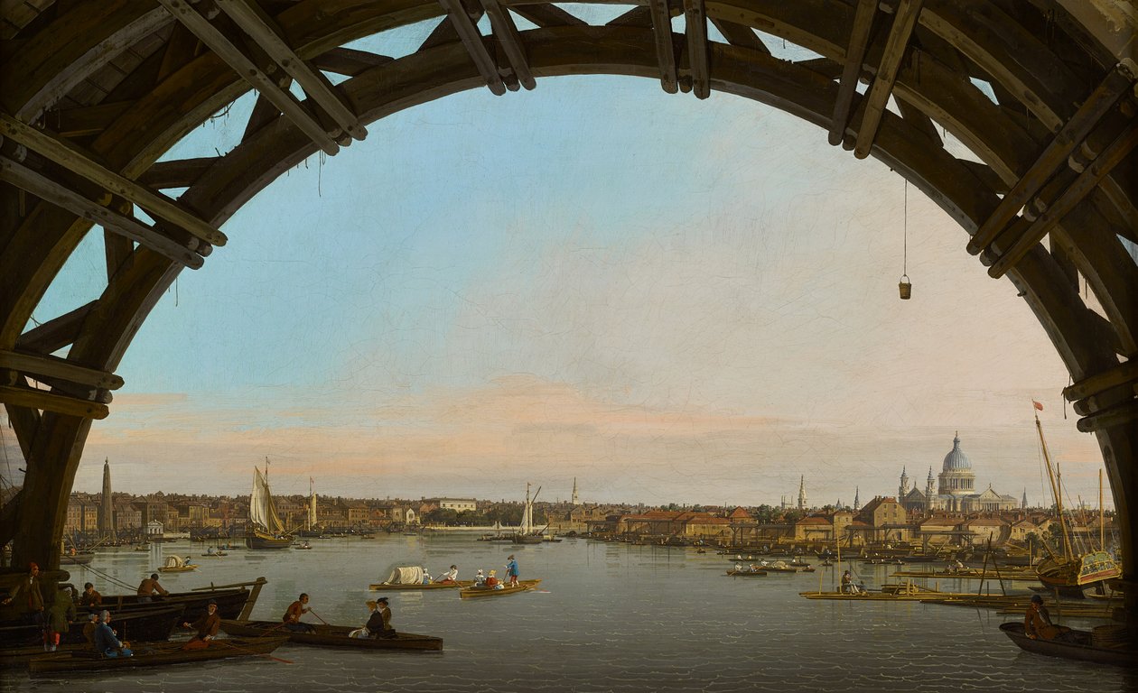 London, utsikt over byen fra under Westminster bridge av Canaletto
