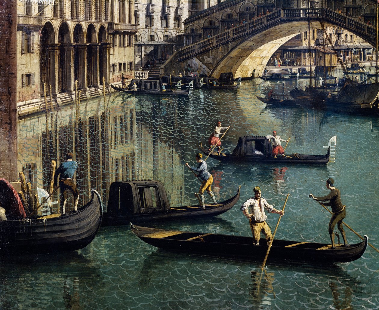 Rialtobroen i Venezia, detalj (olje på lerret) av Canaletto