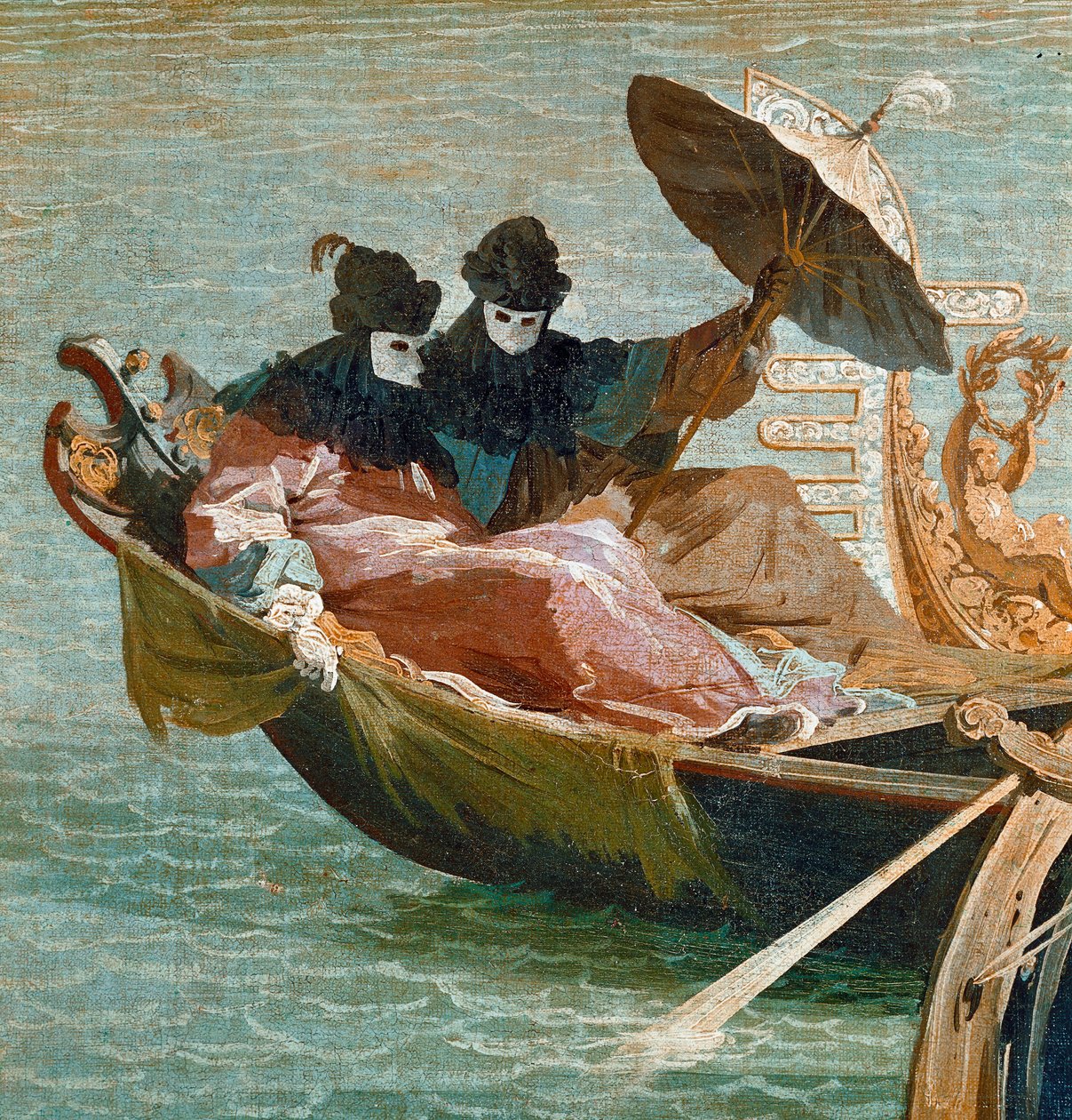 Dogen av Venezias forlovelse med Adriaterhavet: Detalj av to karakterer som bærer masken og en paraply på en gondol (olje på lerret, ca. 1729) av Canaletto