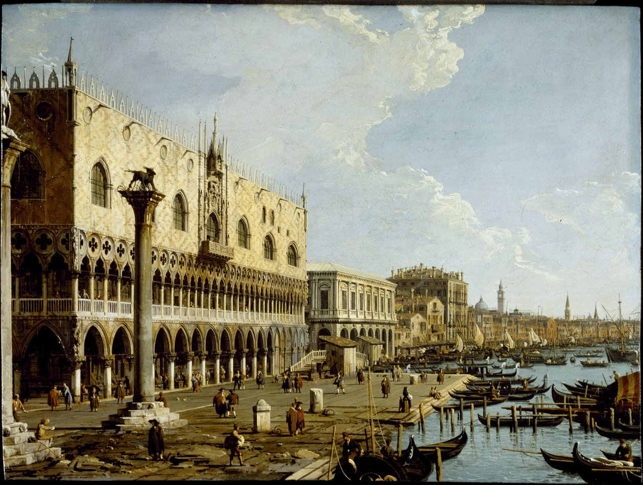 Venezia: utsikt over Dogepalasset og Riva degli Schiavoni fra Piazzetta, ca. 1729 (olje på kobberpanel) av Canaletto