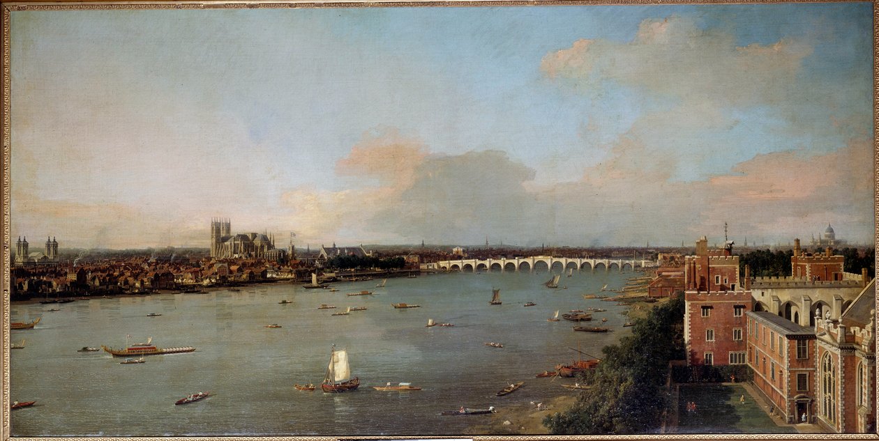 Utsikt over London og Themsen på 1700-tallet Maleri av Antonio Canal kjent som Canaletto (1697-1768) 1700-tallet - Lobkowicz-samlingene, Lobkowicz-palasset, Praha - Mål Høyde: 118 cm (46,5 tommer). Bredde: 238 cm (93,7 tommer) av Canaletto