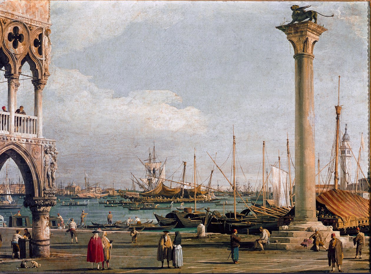 Utsikt over St. Markus-bassenget og San Giorgio Maggiore-kirken fra Piazzetta til Venezia (olje på lerret av Canaletto