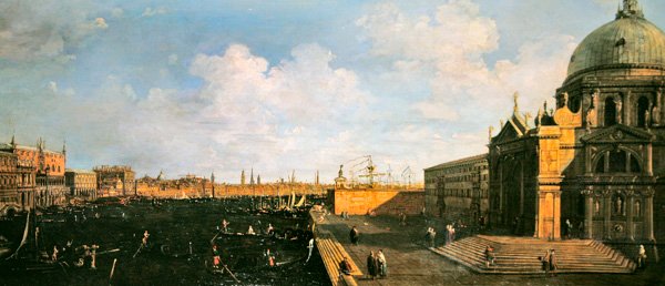 Utsikt over Canal Grande og Santa Maria della Salute (olje på panel) av Canaletto