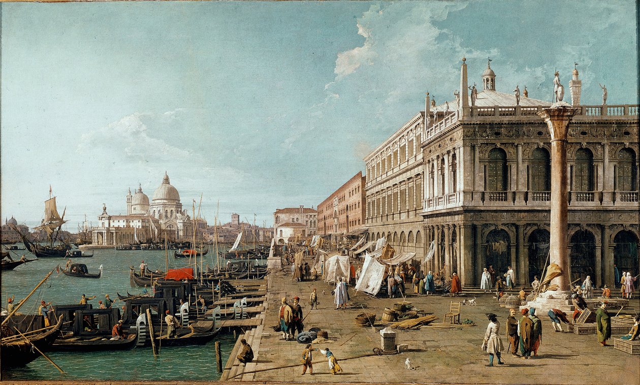 Utsikt over Molo, Biblioteca Marciana og St. Theodore-søylen, Venezia av Canaletto