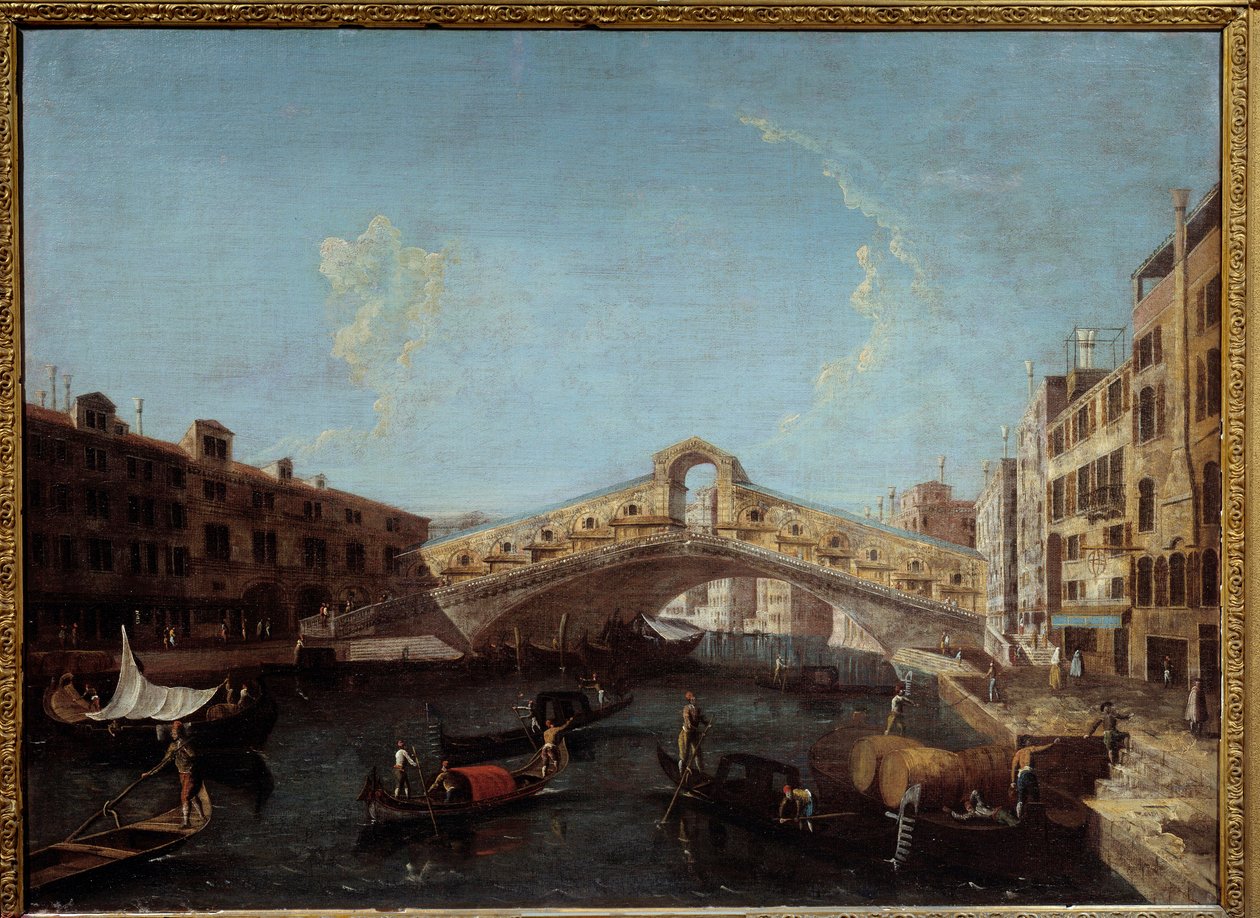 Utsikt over Rialtobroen i Venezia-gondolene på Canal Grande. Maleri av Antonio Canal dit Canaletto (1697-1768) Nimes fra 1700-tallet, Museum of Fine Arts av Canaletto