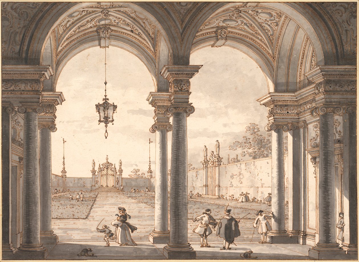 ""View of a Baroque Colonnade withlooking a Garden"" (View through a Baroque Colonnade into a Garden) Pennetegning av Antonio Canal dit Canaletto (1697-1768) 1760-1768 Dim 33,1x45,4 cm Albertina , Wien av Canaletto
