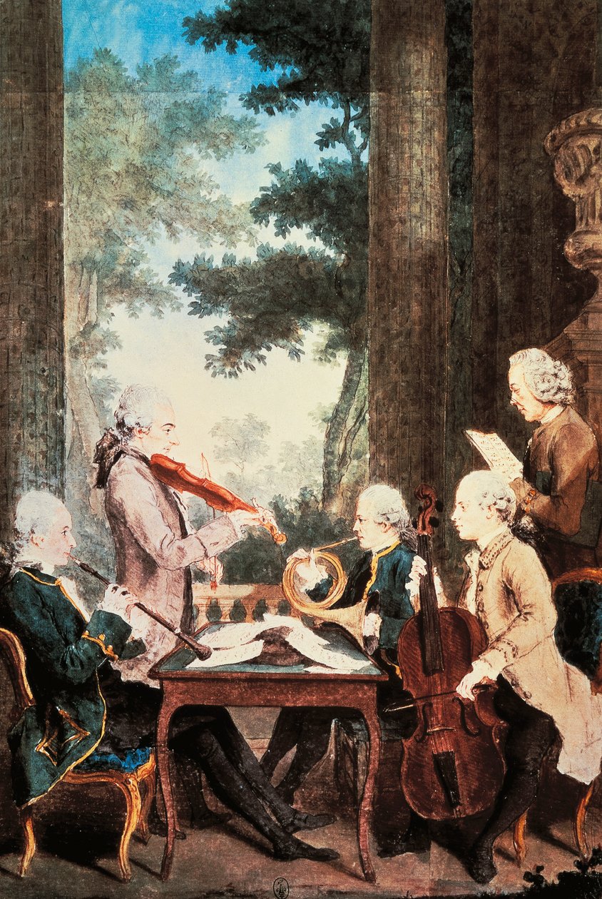 Konsert med obo, fiolin, horn og cello, av Louis de Carmontelle (1717-1806), akvarell. Frankrike av Carmontelle