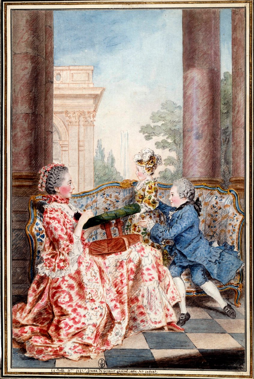 La belle Madame Caze, kone til bondens general og hennes barn Akvarell av Louis Carrogis (1717-1806) dit Carmontelle. 1700-tallets søn. 0,32x0,21 m Chantilly, musee conde av Carmontelle