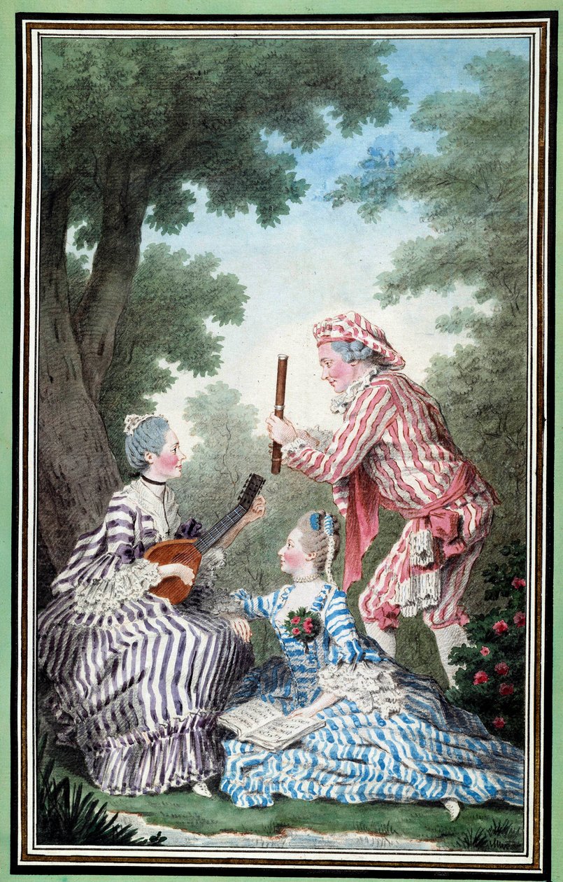 Madame de Meaux, Mademoiselle de Meaux og Monsieur de Saint Quentin gjentar en komisk opera Akvarell av Louis Carrogis Carmontelle (1717-1806) Chantilly fra 1700-tallet, Musee Conde av Carmontelle