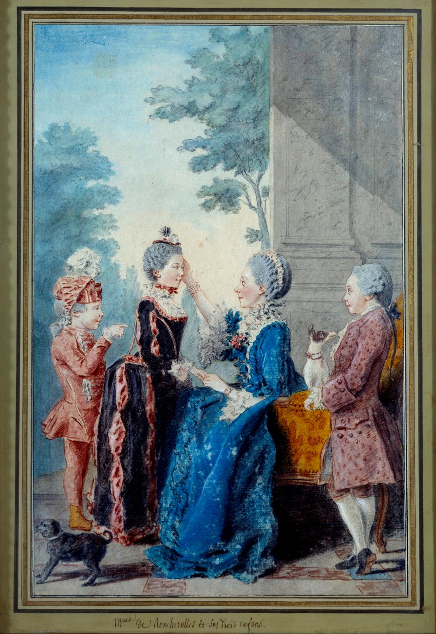 Madame de Roucherolles og hennes tre barn Akvarell av Louis Carrogis Carmontelle (1717-1806) Paris fra 1700-tallet, Musee Carnavalet av Carmontelle