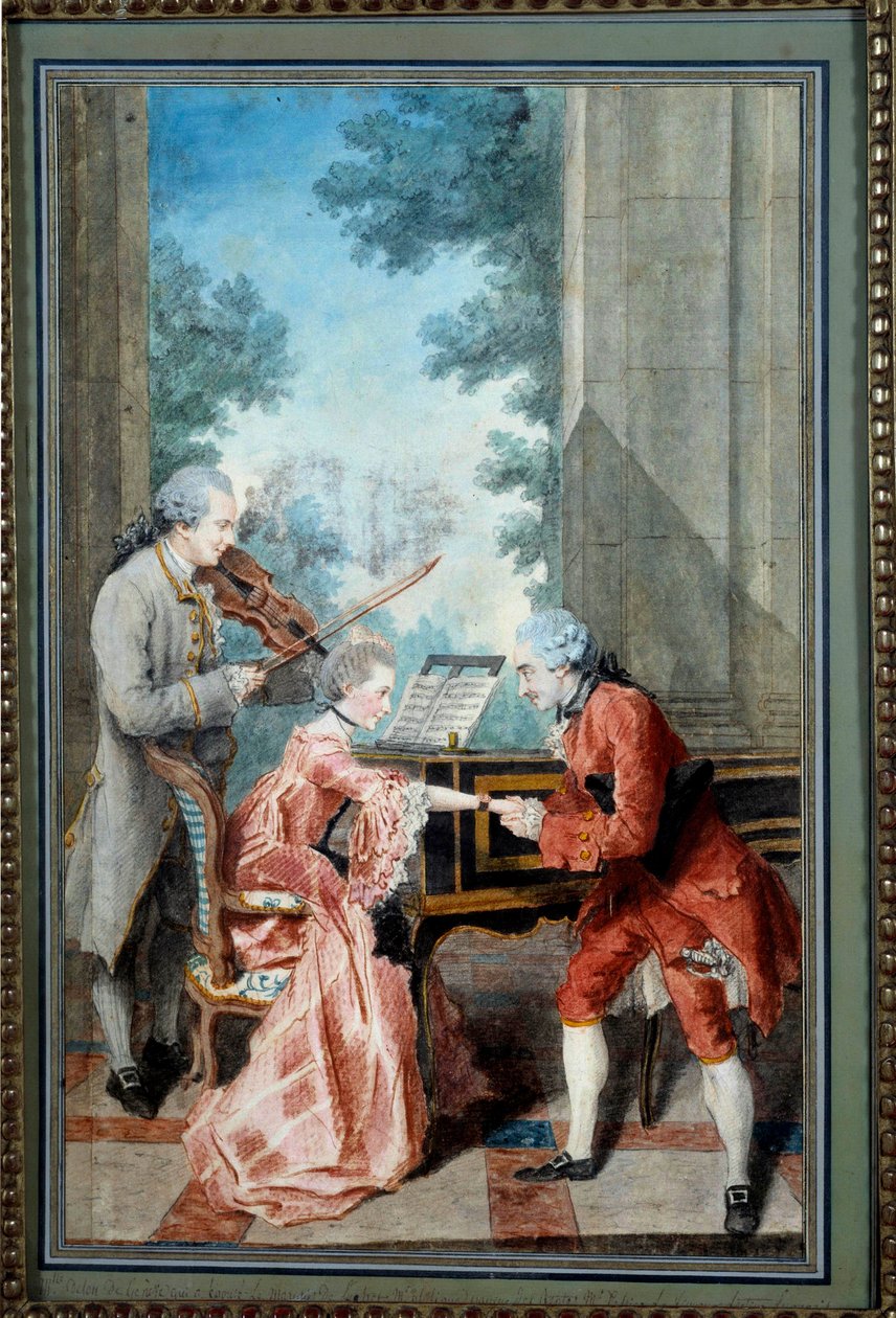 Mademoiselle Delou, Monsieur Philippe og Monsieur de Texier En gentleman hyller en ung pianist. Akvarell av Louis Carrogis, dit Carmontelle (1717-1806) Paris fra 1700-tallet, Musee Carnavalet - Mademoiselle Delou, Monsieur Philippe og Monsieur d av Carmontelle