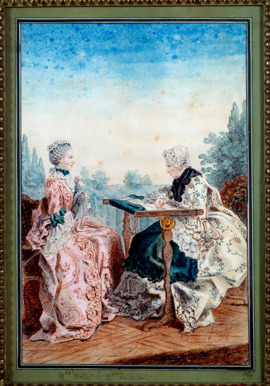 Mademoiselle Melin og Mademoiselle de Laleu gjør akvarellteppe av Louis carrogis dit Carmontelle (1717-1806) 1759. Paris, Musee Carnavalet av Carmontelle