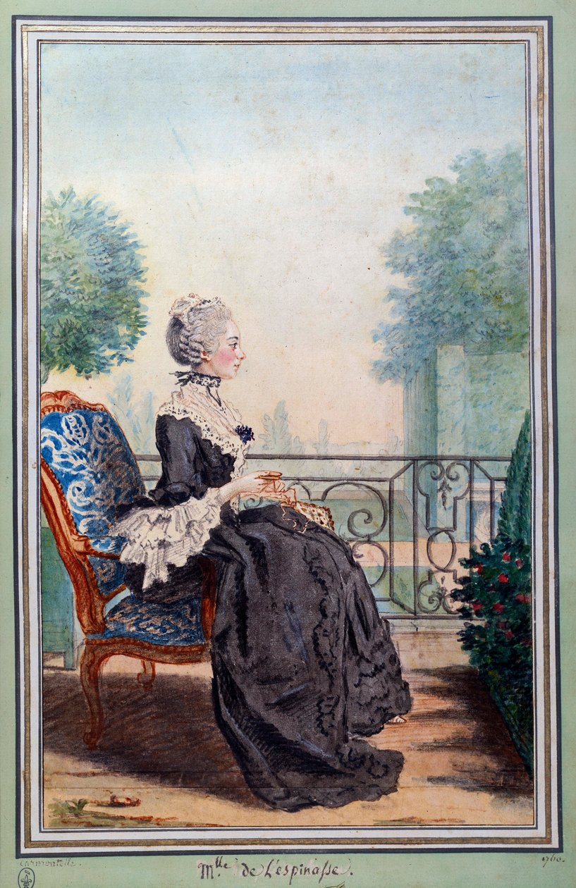 Portrett i full lengde av Julie de Lespinasse (1732-1776) kvinne med bokstaver Akvarell av Louis Carrogis (1717-1806) kjent som Carmontelle. Chantilly fra 1700-tallet, conde museum av Carmontelle