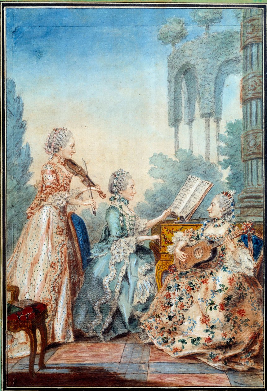 De tre døtrene til komponisten Joseph Nicolas Pancrace Royer (1705-1755) fremfører partituret til balletten Zaide Aquarelle av Louis Carrogis Carmontelle (1717-1806) 1760 Paris, Musee Carnavalet av Carmontelle