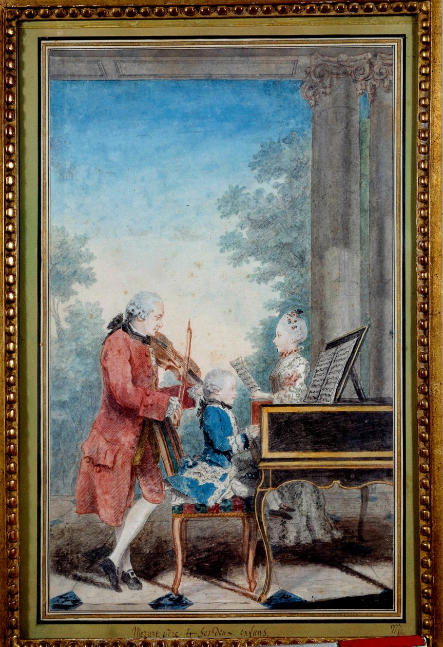 Wolfgang Amadeus Mozart (1756-1791) som barn spilte piano med sin far og søster av Carmontelle