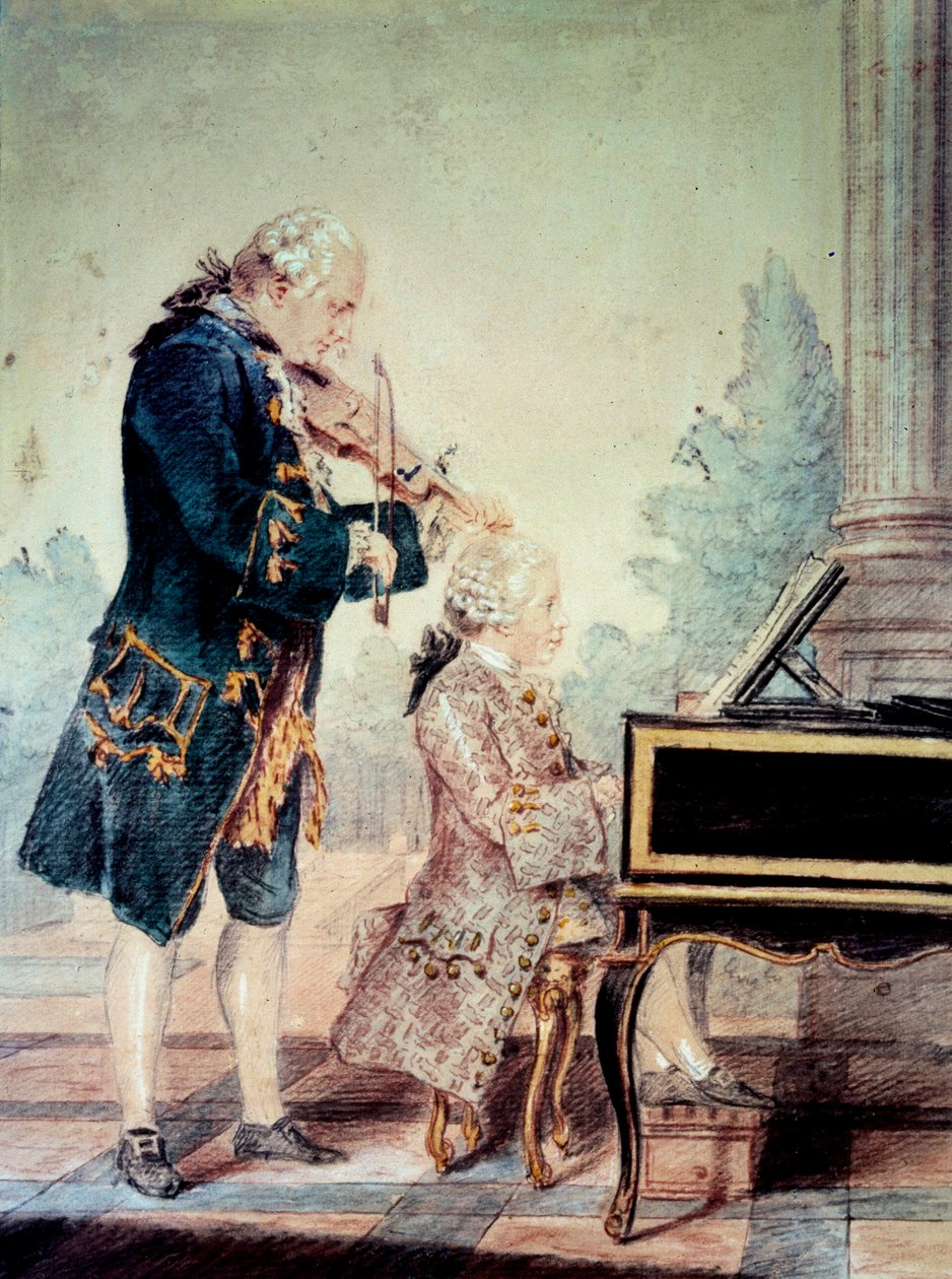 Wolfgang Amadeus Mozart (1756-1791) barn som spiller piano med sin far Leopold"" Akvarell av Louis Carrogis Carmontelle (1717-1806) 1777 Paris, Musee Carnavalet av Carmontelle