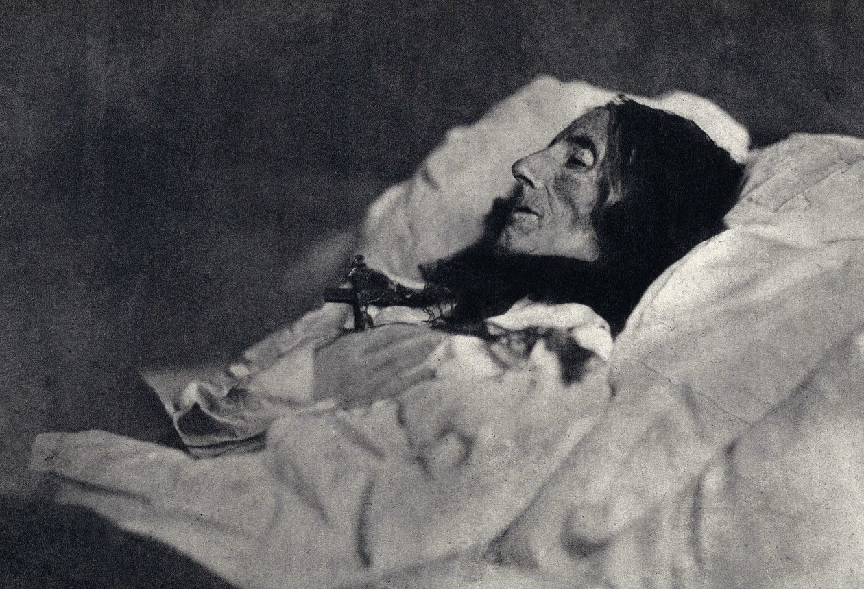 Portrett av poeten Marcelline Desbordes Valmore (Desbordes-Valmore) (1786-1859) på dødsleie. Fotografi av Felix Tournachon dit Nadar (1820-1910) i 1859. Trykk av Victor Tournachon, far til Nadar, sent på 1800-tallet. av Nadar