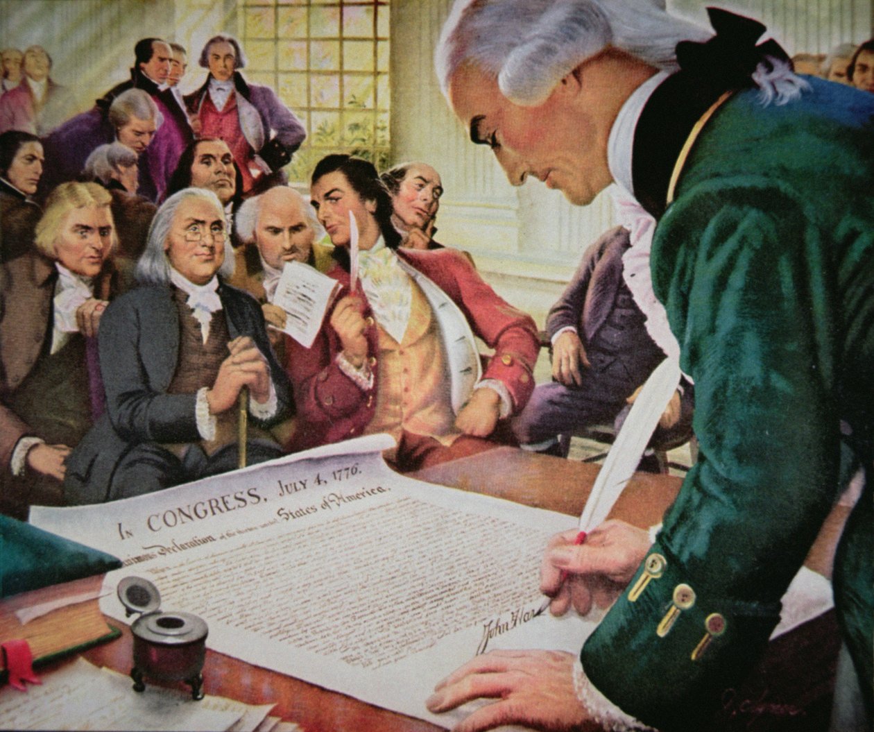 John Hancock (1737-93) signerer den amerikanske uavhengighetserklæringen, 4. juli 1776 (litho-farge) av (after) American School