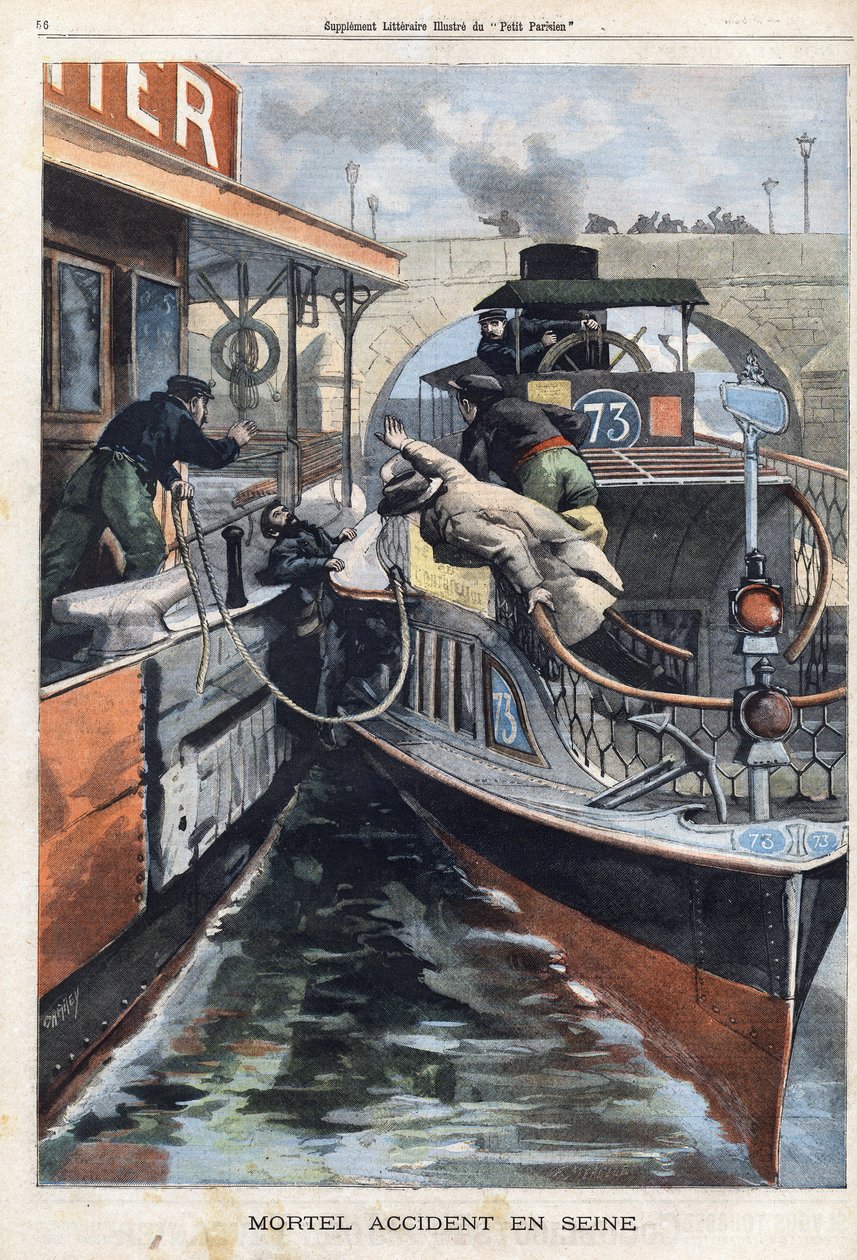 Dødsulykke på Seinen: en ansatt i selskapet des Bateaux Parisiens dør krasjet mellom to båter nær Charenton-broen. Gravering i "" Le Petit Parisien"" 17.02.1901. av (after) Carrey