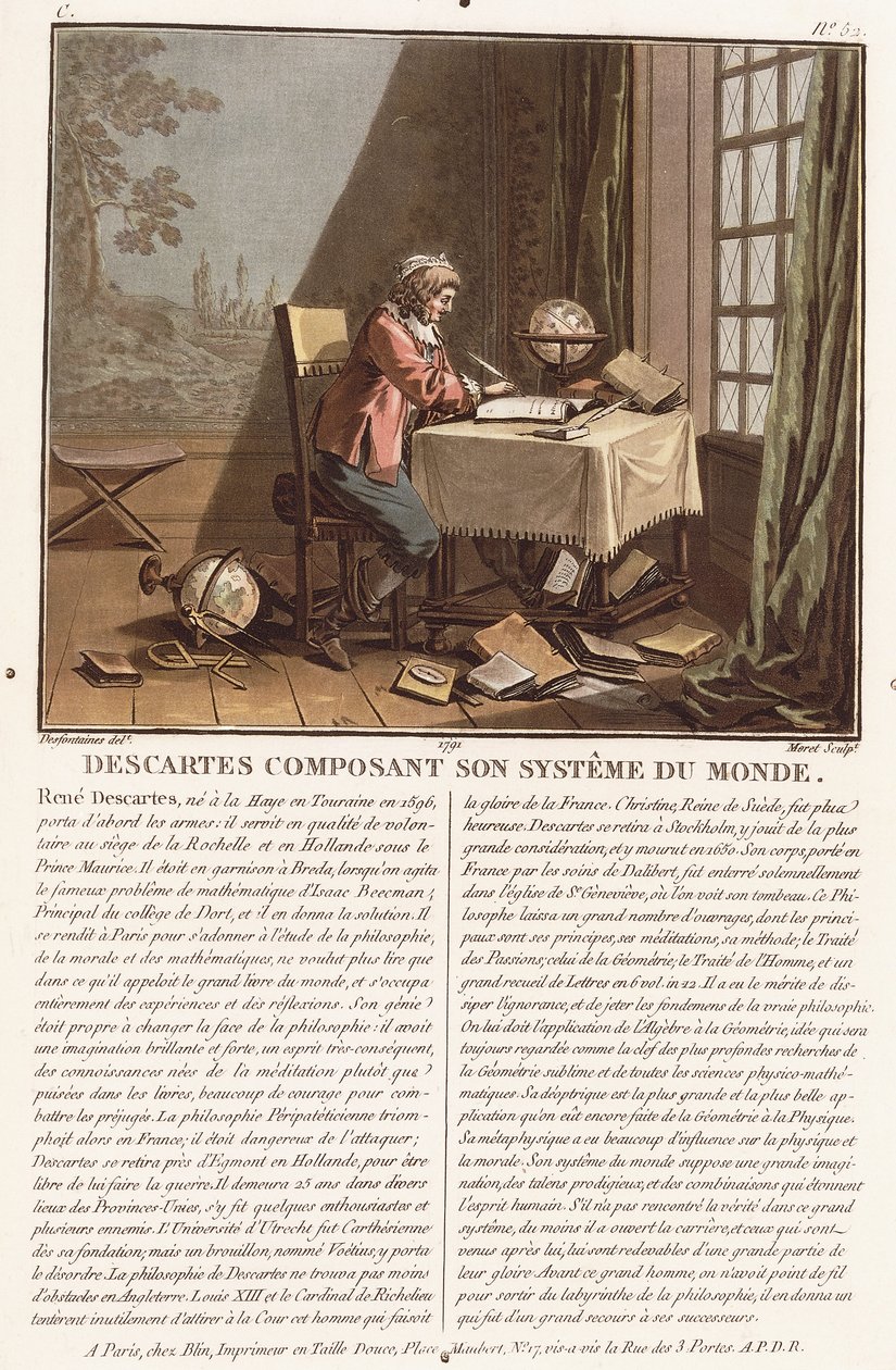 Descartes Composing His World System, ca. 1786-1792 (fargeakvatint) av (after) Desfontaines