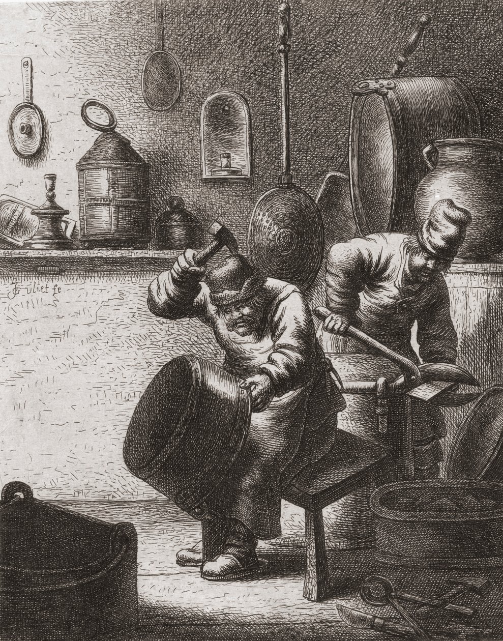 Kobbersmeder i arbeid på 1600-tallet (trykk) av (after) Dutch School