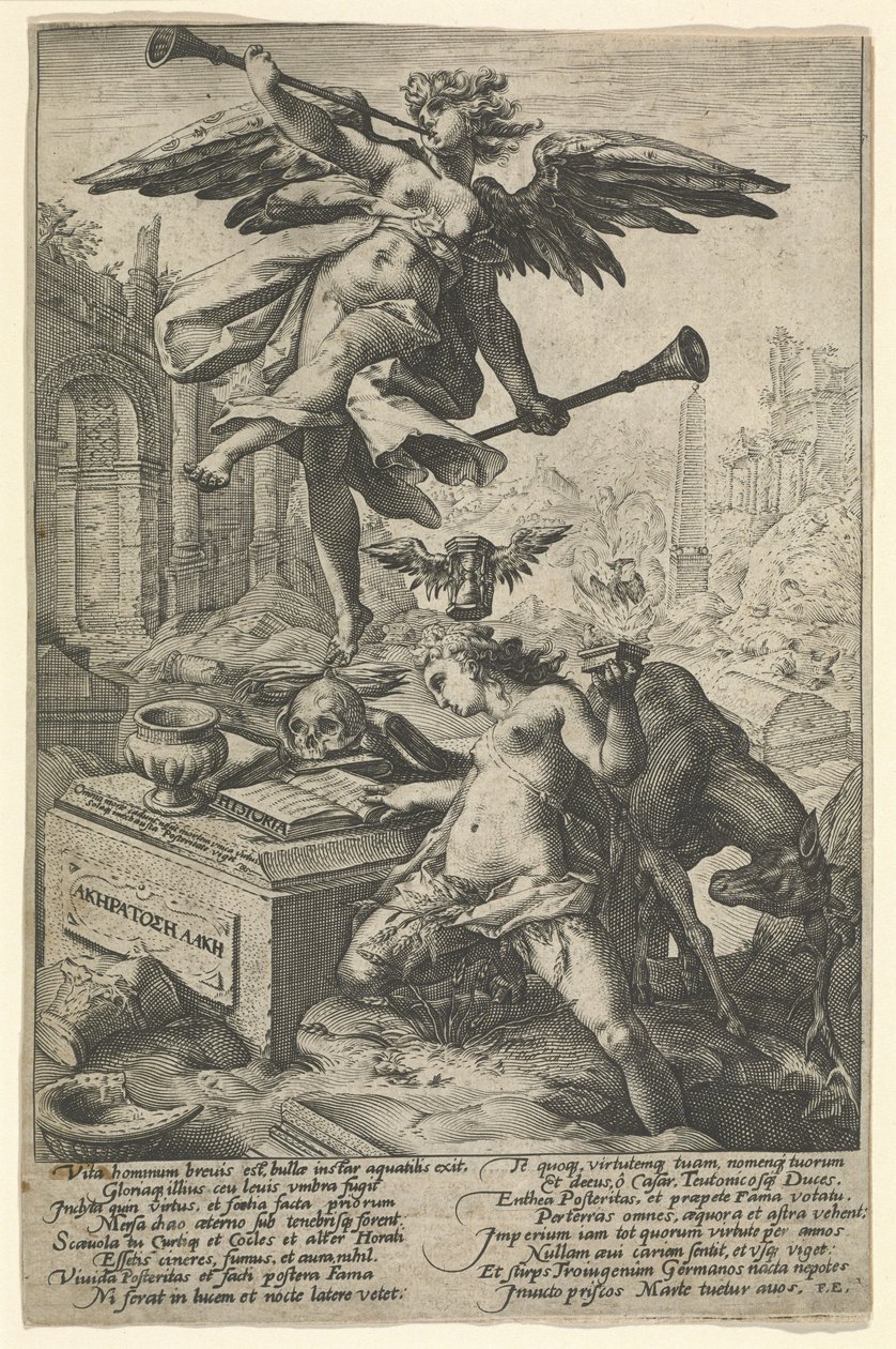 Berømmelse og historie, etter 1586 (gravering på lagt papir) av (after) Dutch School