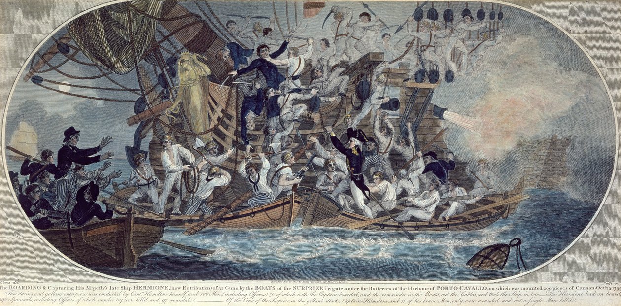Bordingen og fangsten av Hans Majestets sene skip, Hermione (nå Retribution) 25. oktober 1799, gravert av Roffe (farget etsning) av (after) Elms