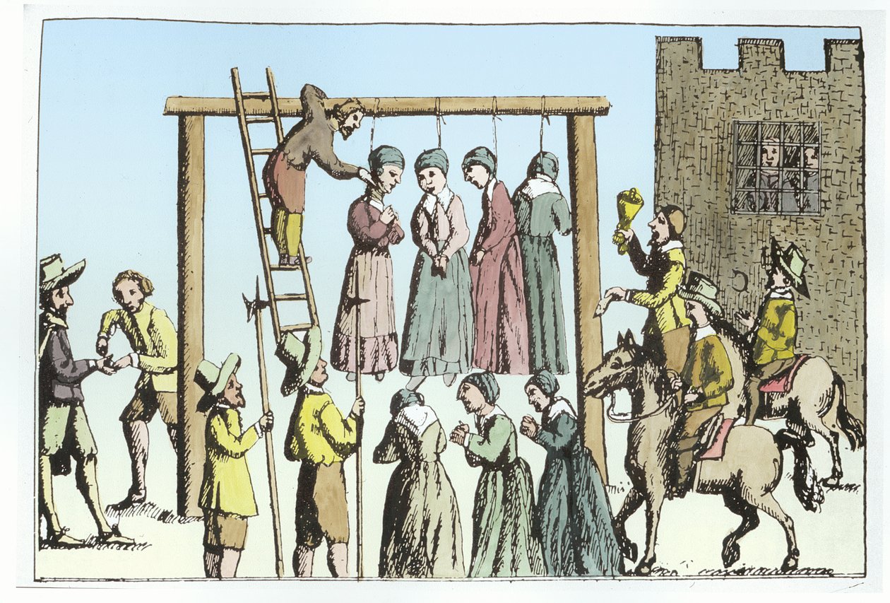 En henrettelse av hekser i England (gravering) (senere fargelegging) av (after) English School