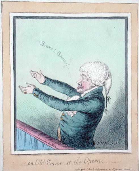 Et gammelt ekstranummer på Operaen! etset av James Gillray (1756-1815) utgitt av Hannah Humphrey i 1803 (håndfarget etsning) av (after) English School