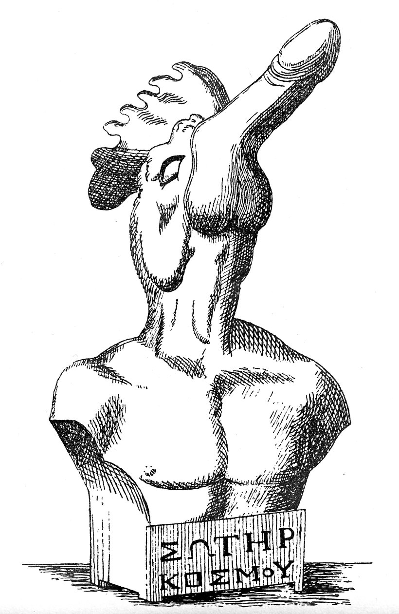 Gammel gresk eller hellenistisk bronseskulptur som viser en menneskelig torso med en hane og fallus for hodet og gresk inskripsjon 