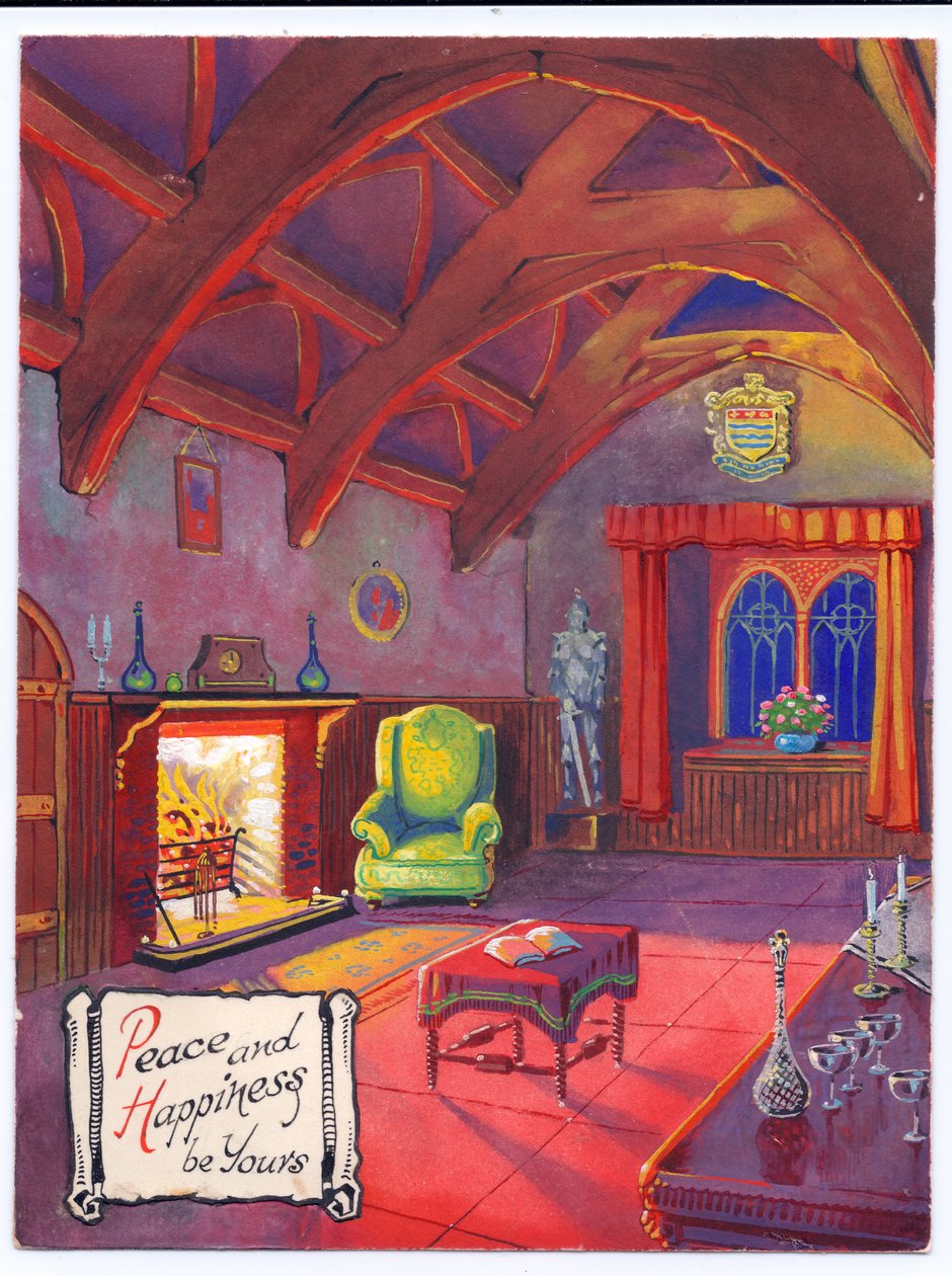 Originalt kunstverk for et julekort av en brølende ild i en baronial hall, ca. 1953 av (after) English School