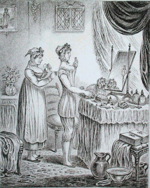 Progress of the Toilet: the Stays, etset av James Gillray (1757-1815) utgitt av Hannah Humphrey i 1810 (etsing) av (after) English School
