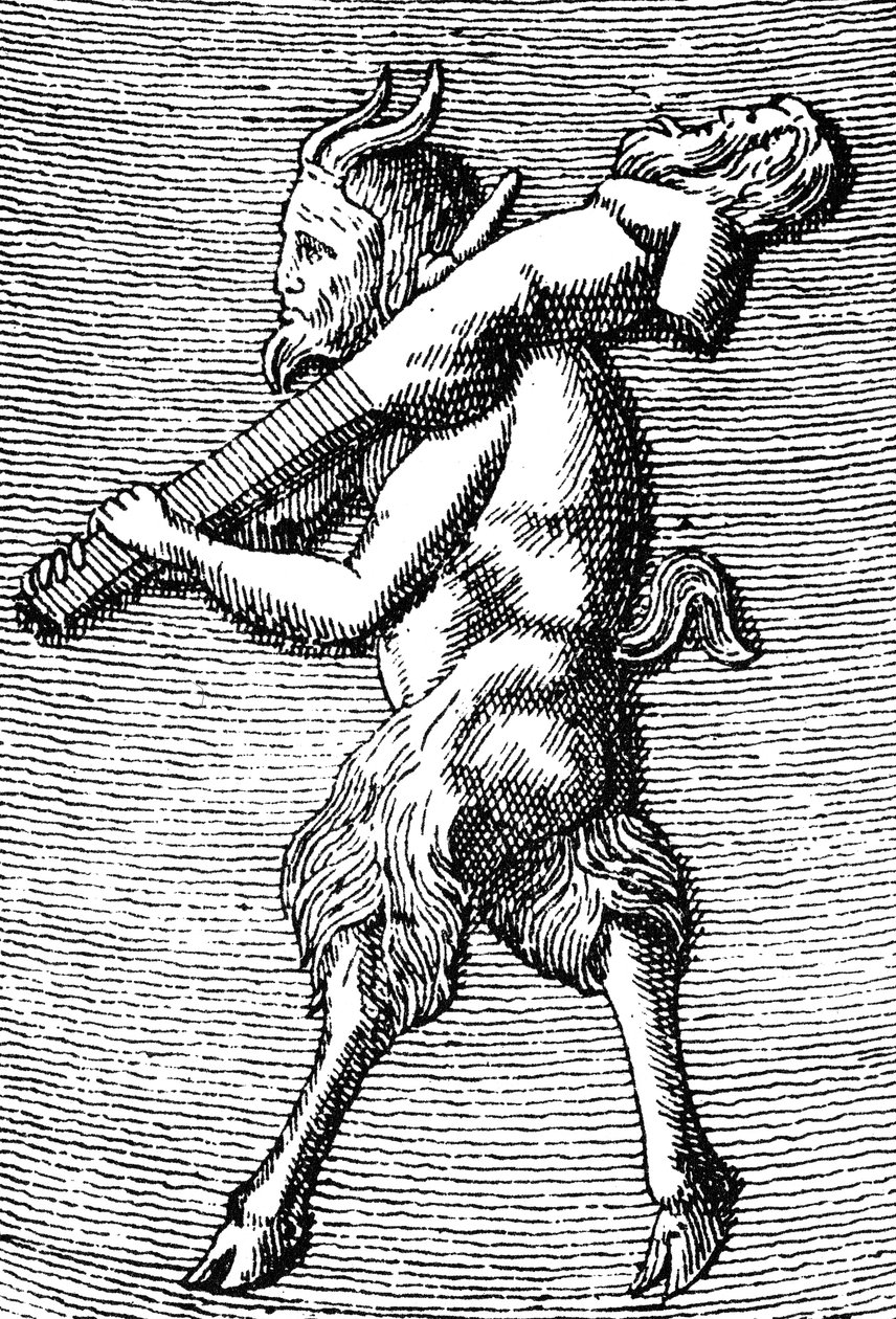 Satyr som bærer en herm, detalj fra et lite bærbart tempel dedikert til tilbedelsen av Priapus (gravering) (detalj av 405756) av (after) English School