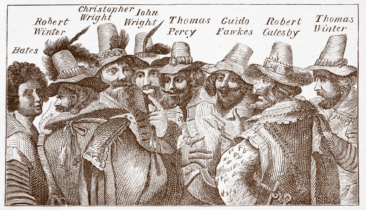 The Gunpowder Plot Conspirators, etter en gravering (gravering) fra 1606 av (after) English School