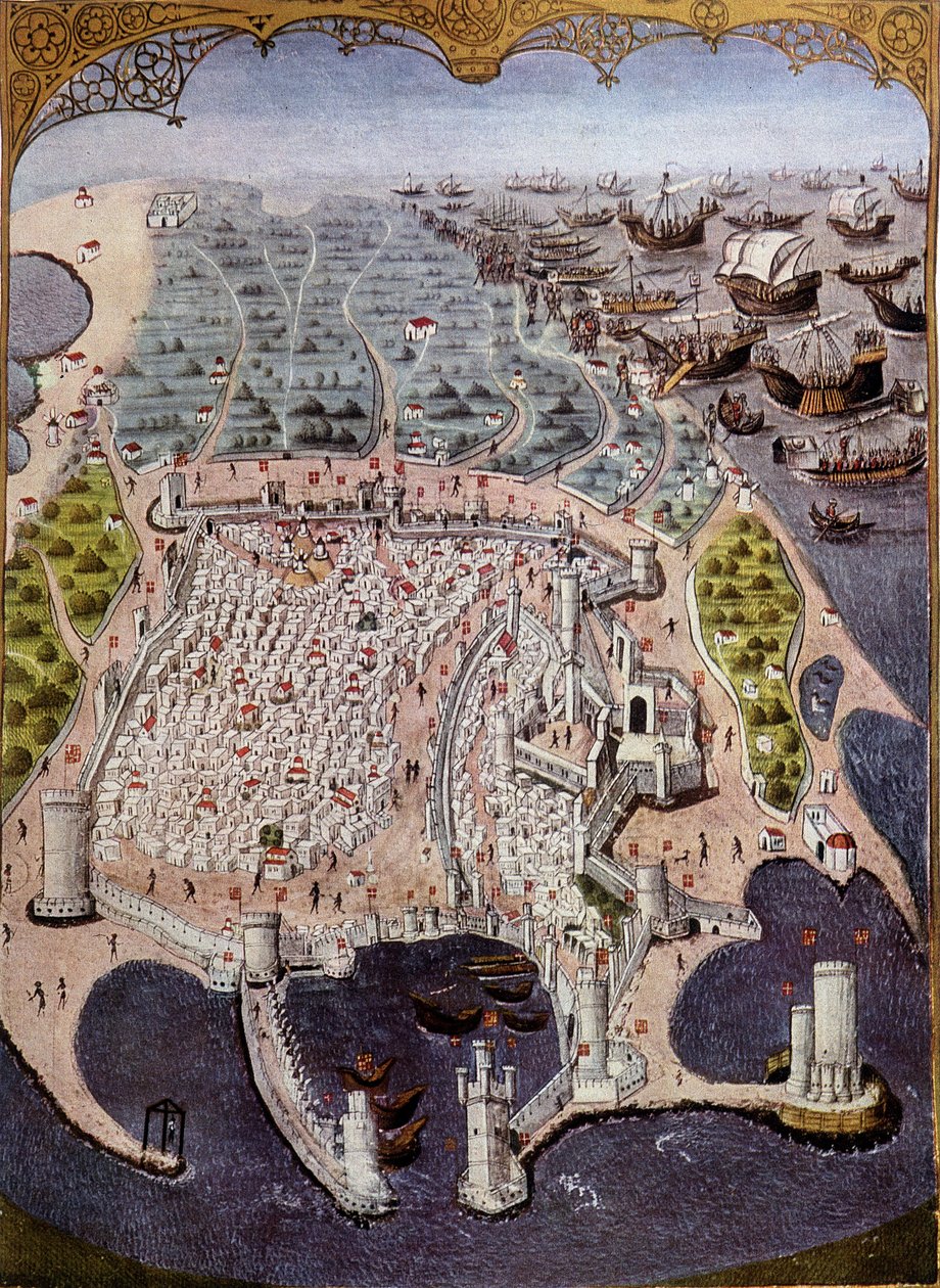 Angrep av østlige skip mot Rhodos i 1482 - etter miniatyr. av (after) French School