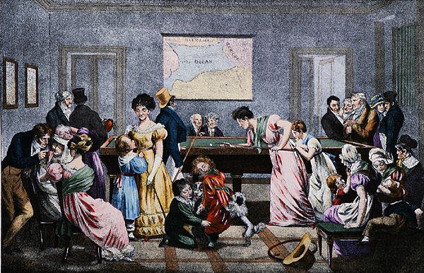 Biljardrom i det nittende århundre, gravert av Market (farge litho) av (after) French School