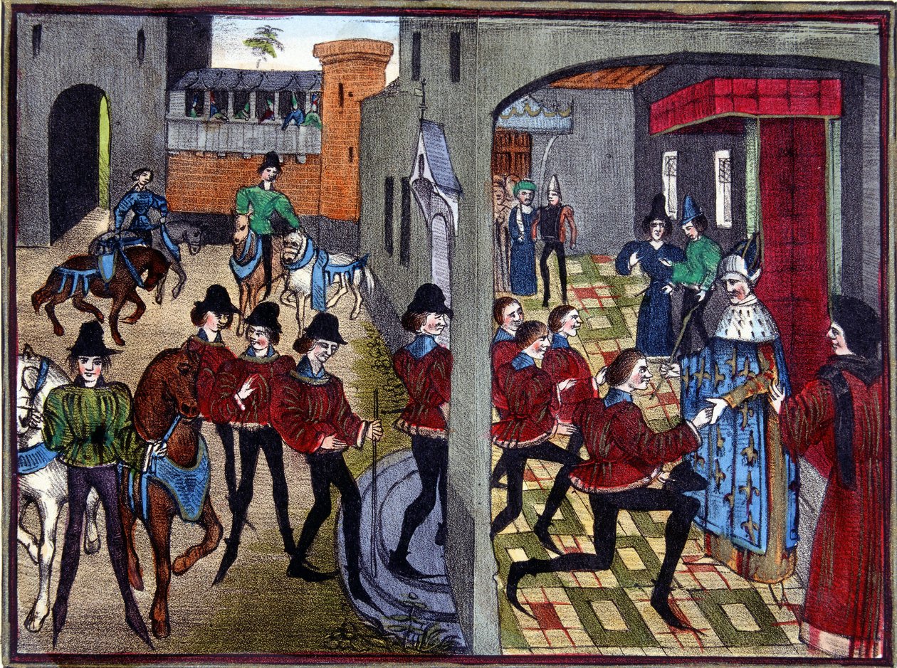 Karl den Store tar imot de 4 Aymon-sønnene ved hoffet og ridder dem - etter en miniatyr fra 1200-tallet av Huon de Villeneuve av (after) French School