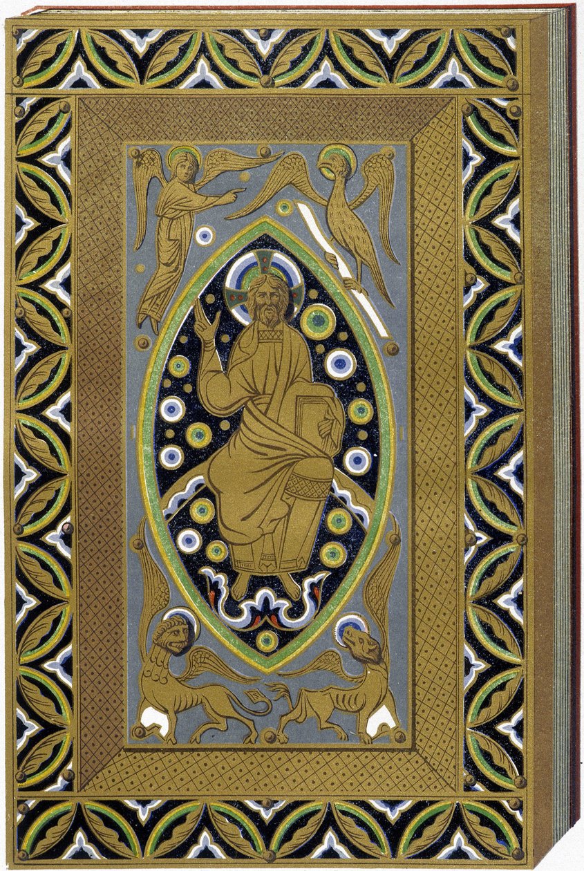 Kristus i Mandorla med symbolene til de 4 evangelistene (Tetramorph). Litografi som gjengir en e-postert innbinding fra 1200-tallet. av (after) French School