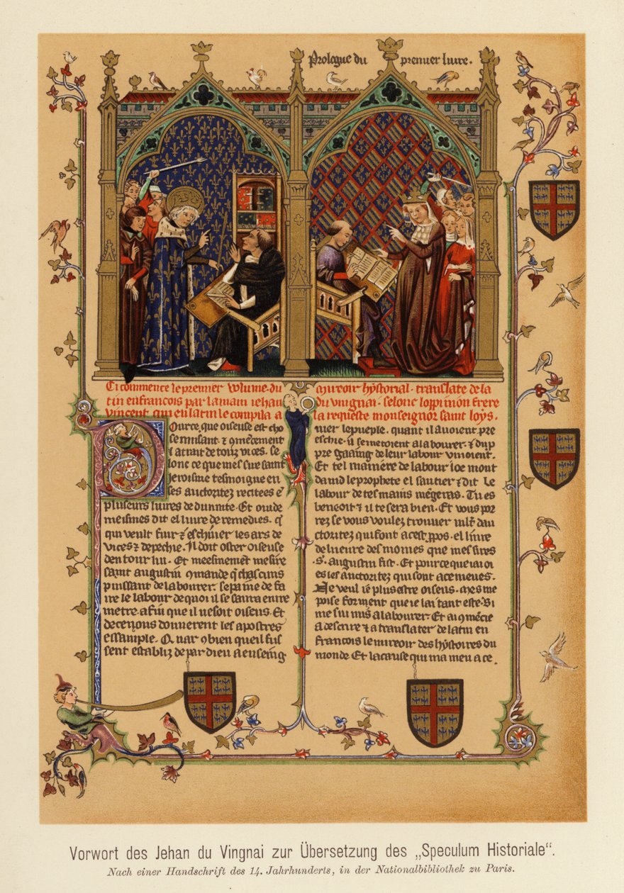 Forord til Jean de Vignays oversettelse av Speculum Historiale (fargelitografi) av (after) French School