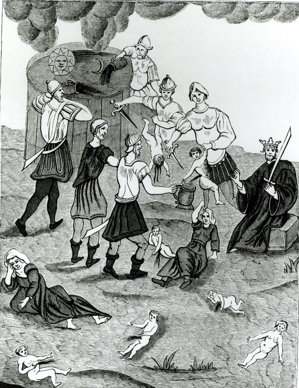 Jøder tar blod fra kristne barn for sine mystiske ritualer, etter en tegning i #39;Abraham jødenes kabbalabok#39; (lito) (s/h-foto) av (after) French School