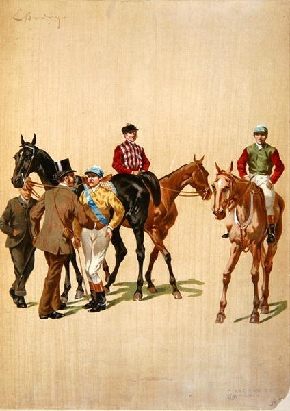 Jockeyer på veddeløpsbanen, ca. 1875 (farge litho) av (after) French School
