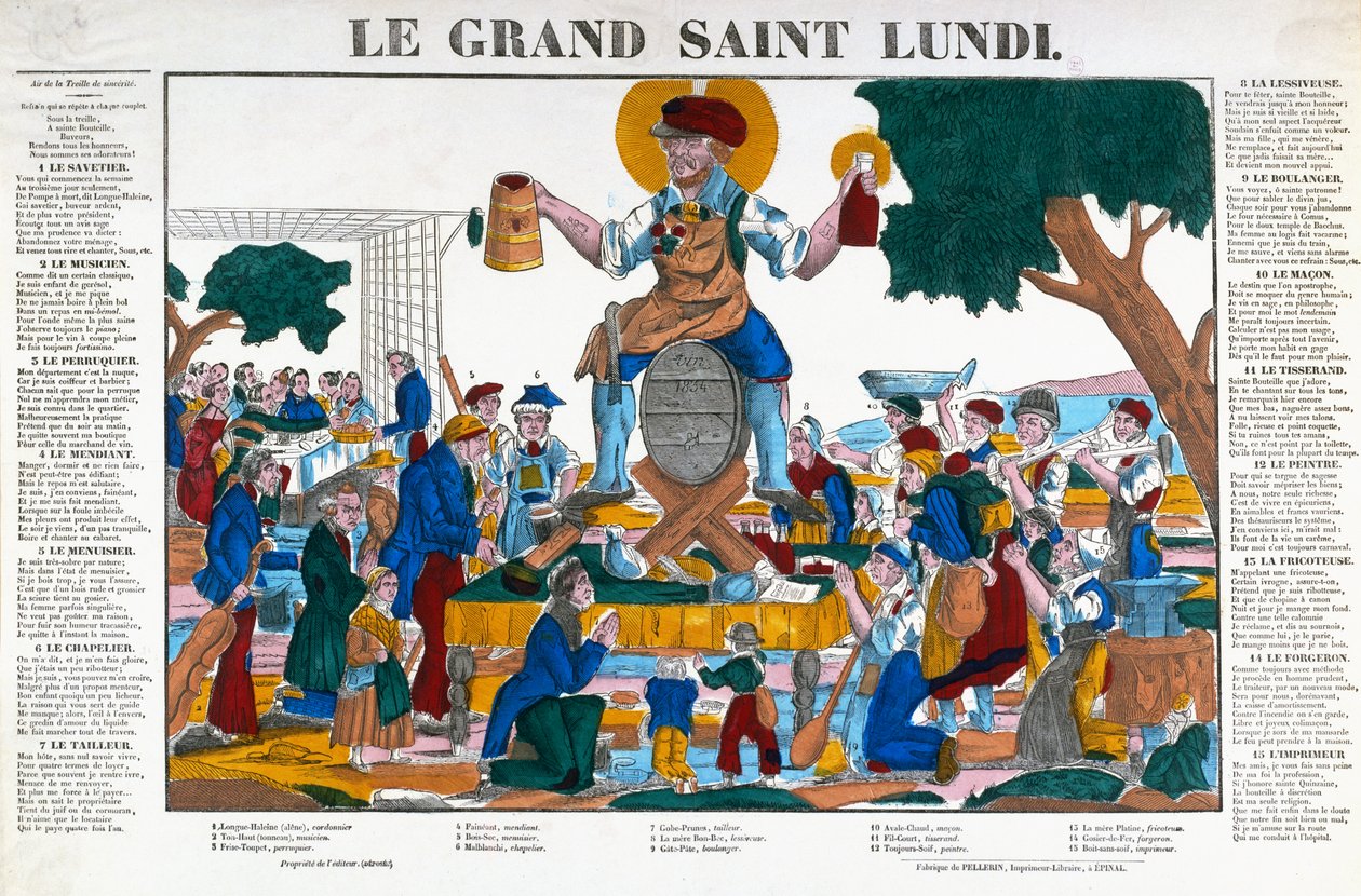 Le Grand Saint Lundi, Holy Monday, tegneserie om arbeidere og håndverkere som vier mandager til alkohol i stedet for arbeidet sitt, midten av 1800-tallet (farge litho) av (after) French School