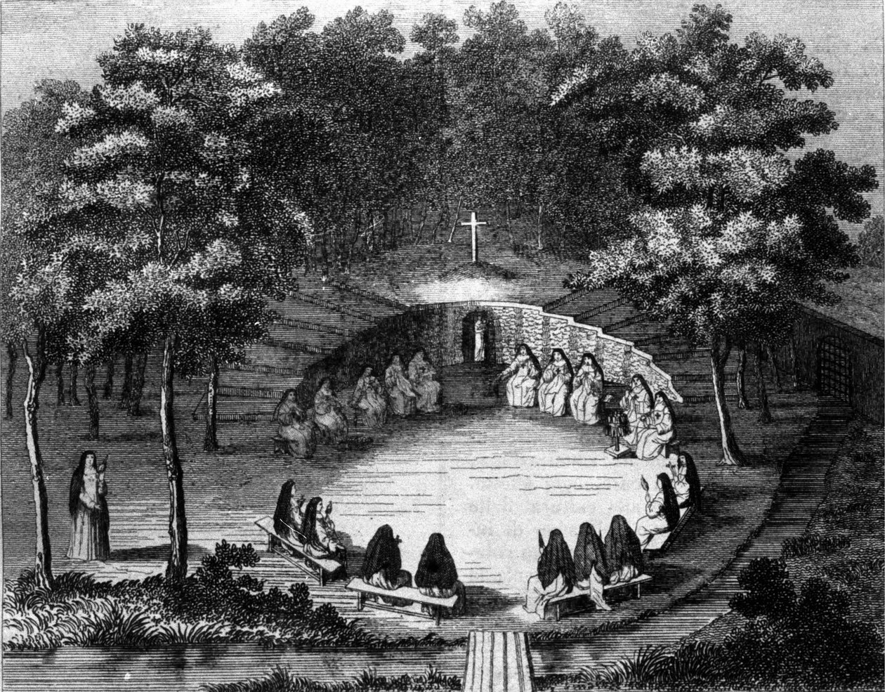 Nonner fra klosteret Port Royal des Champs (Port-Royal-des-Champs) i en forelesning i ensomhet. Gravering etter et pergament av den franske skolen fra 1700-tallet. av (after) French School