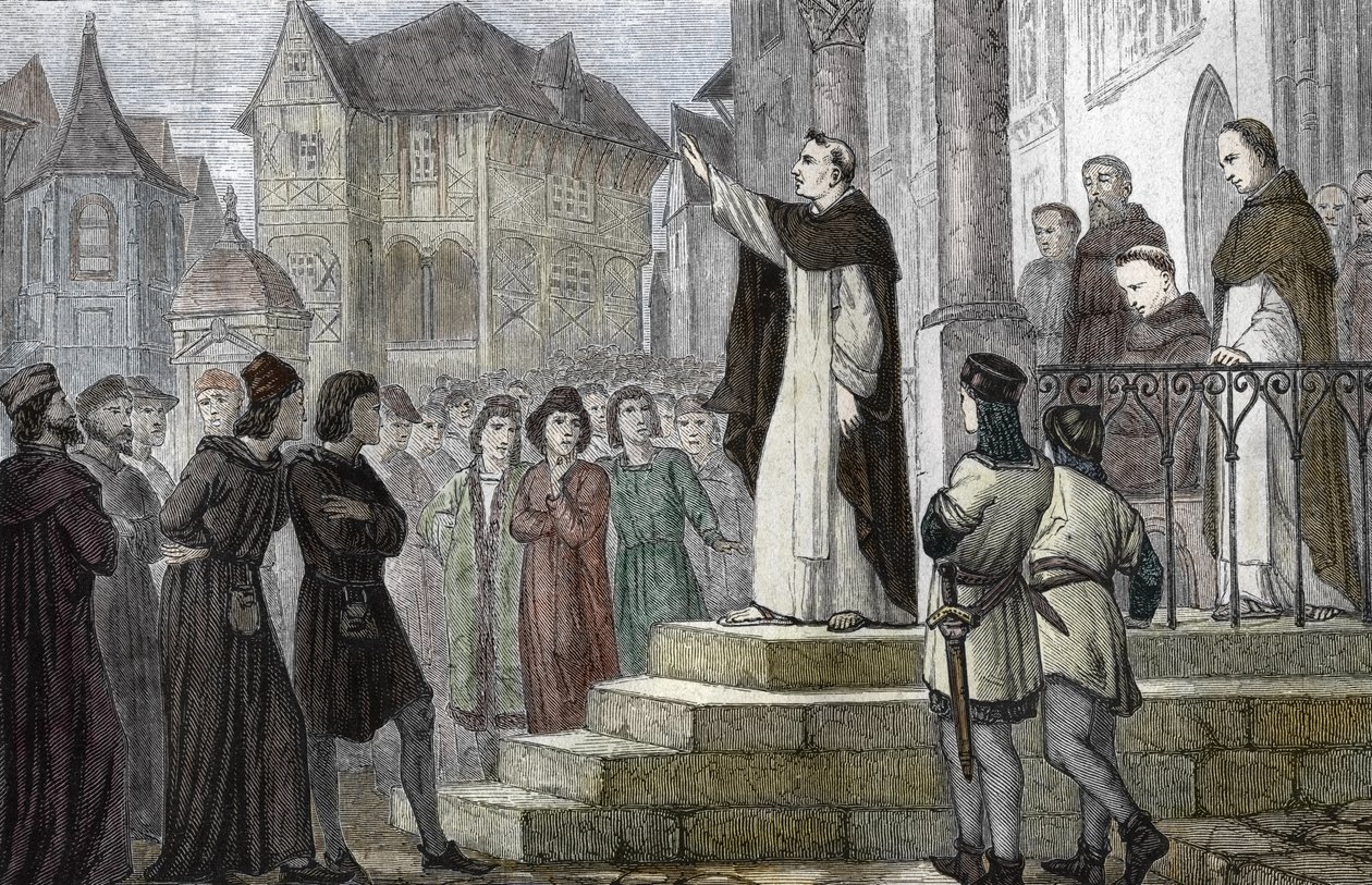 Representasjon av Albert den store (1193/1206-1280) som underviser i Paris, ved universitetet i Paris, ved det første dominikanske klosteret på Rue Saint Jacques (College des Jacobins) under autoritet av Gueric de Saint-Quentin) 1241-1245 ( Portrett av Alb av (after) French School