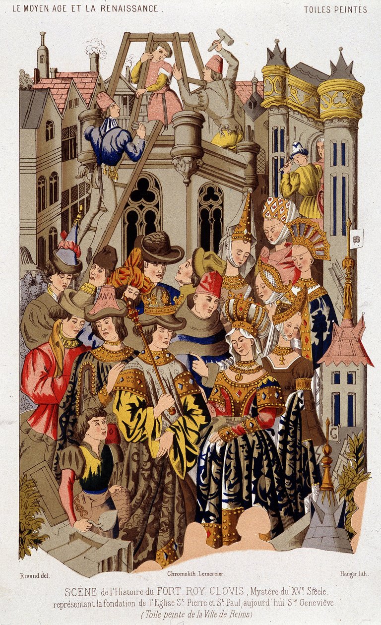 Scene av historien til Fort Roy de Clovis. Mysteriet fra det 15. århundre som representerer grunnlaget for kirken St. Peter og St. Paul, i dag Saint Genevieve. (fra) Malt lerret av byen Reims. av (after) French School