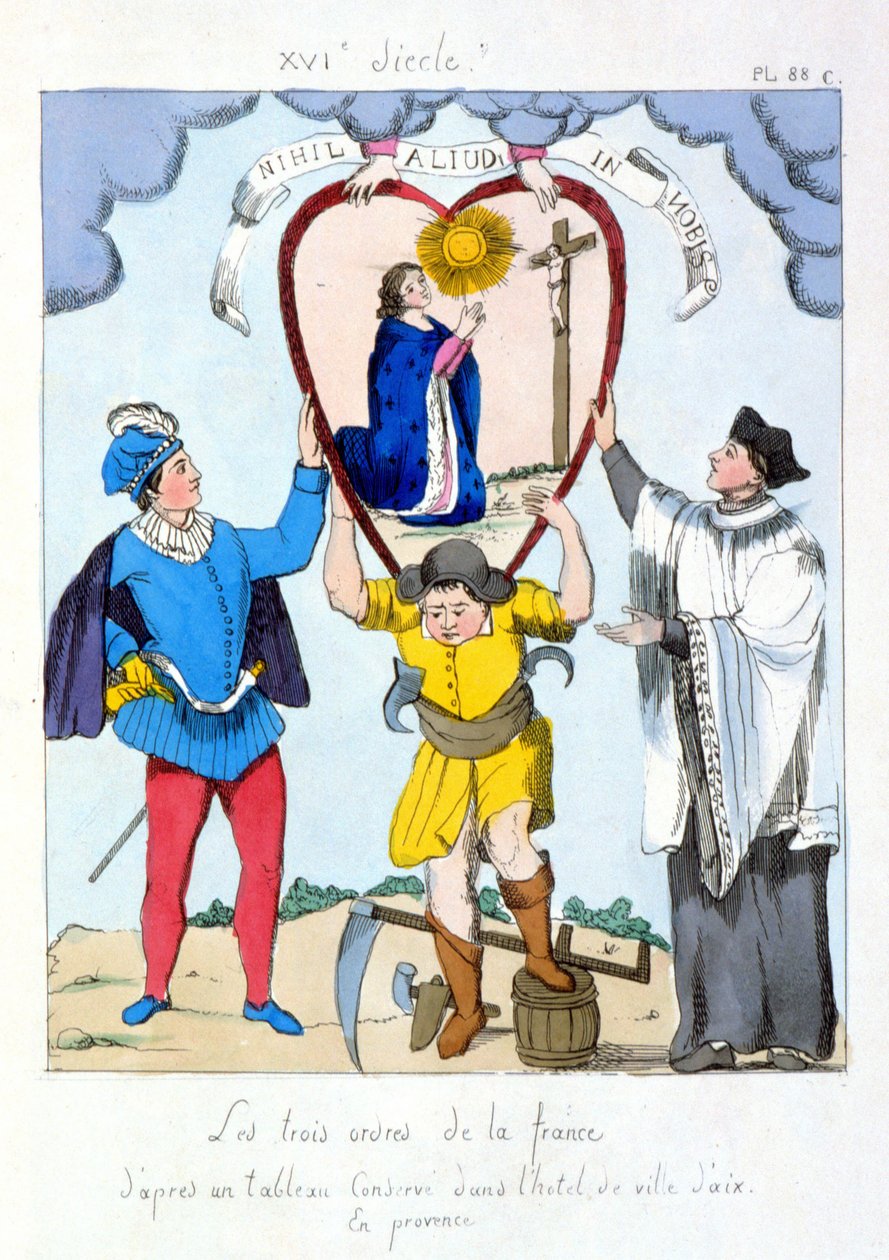 De tre ordener i Frankrike ifølge et maleri bevart i rådhuset i Aix en Provence. Tegneserie om ulikheten mellom de tre ordenene etter revolusjonen 1789. av (after) French School