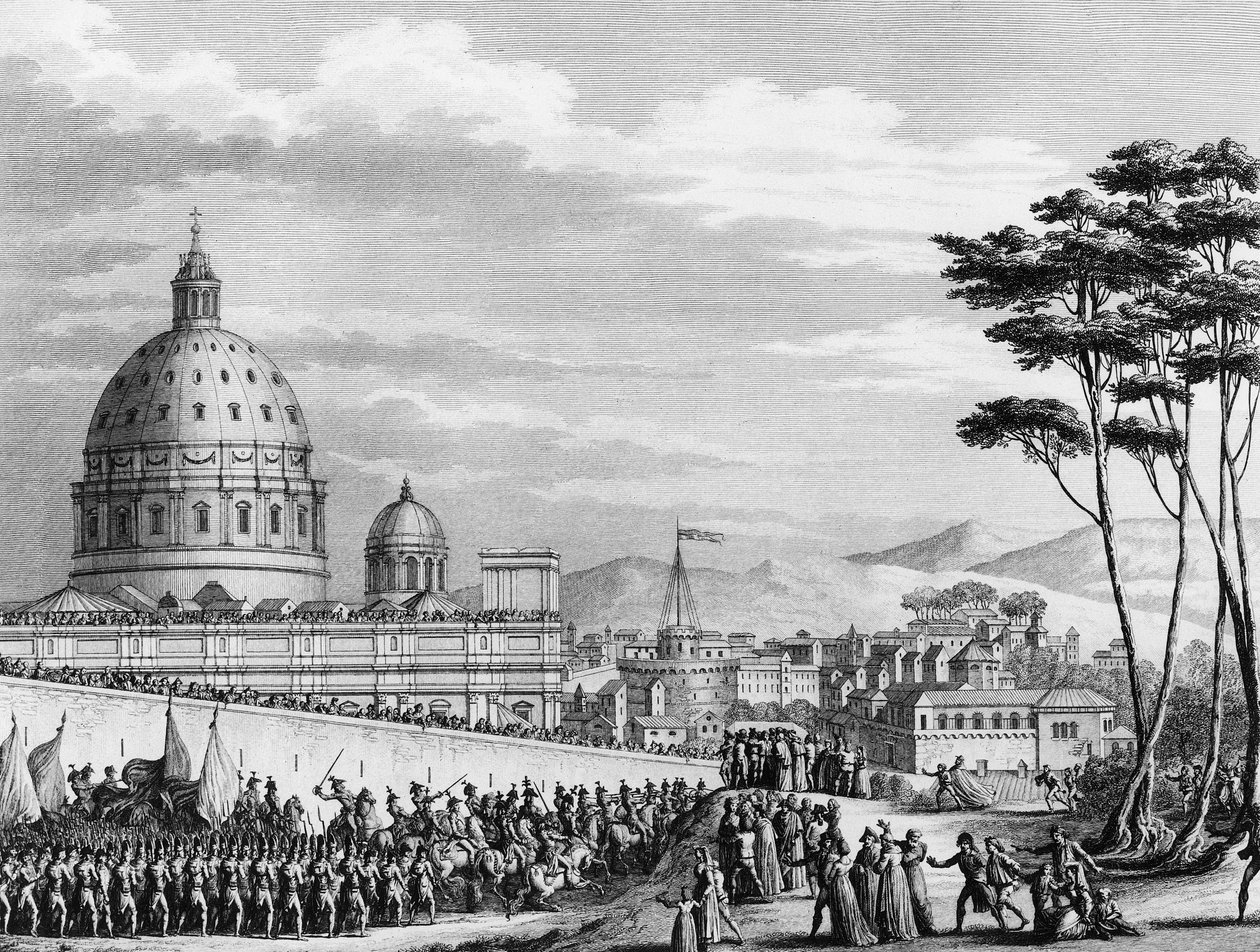 Fransk revolusjon: Franskmennenes triumferende inntog i Roma i Italia i februar 1798 ledet av general Louis Alexandre (Louis-Alexandre) Berthier som invaderte pavestatene og inntok byen Roma 11. februar av (after) Girardet